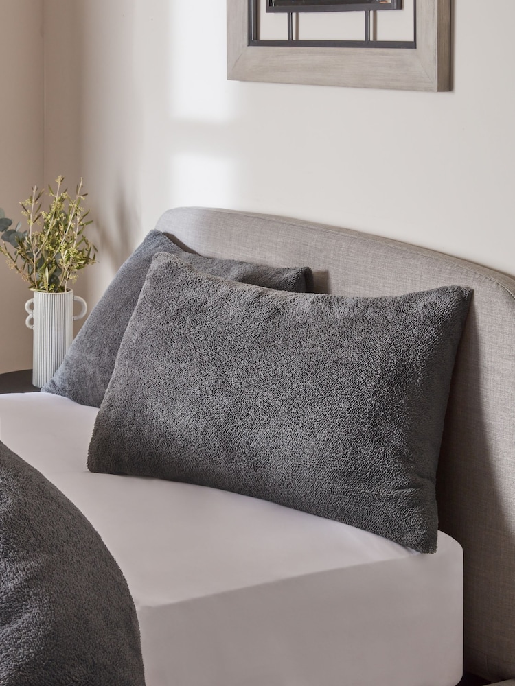 Set of 2 Charcoal Grey Teddy Fleece Pillowcases - Image 1 of 2 Set of 2 Charcoal Grey Teddy Fleece Pillowcases - Image 1 of 2