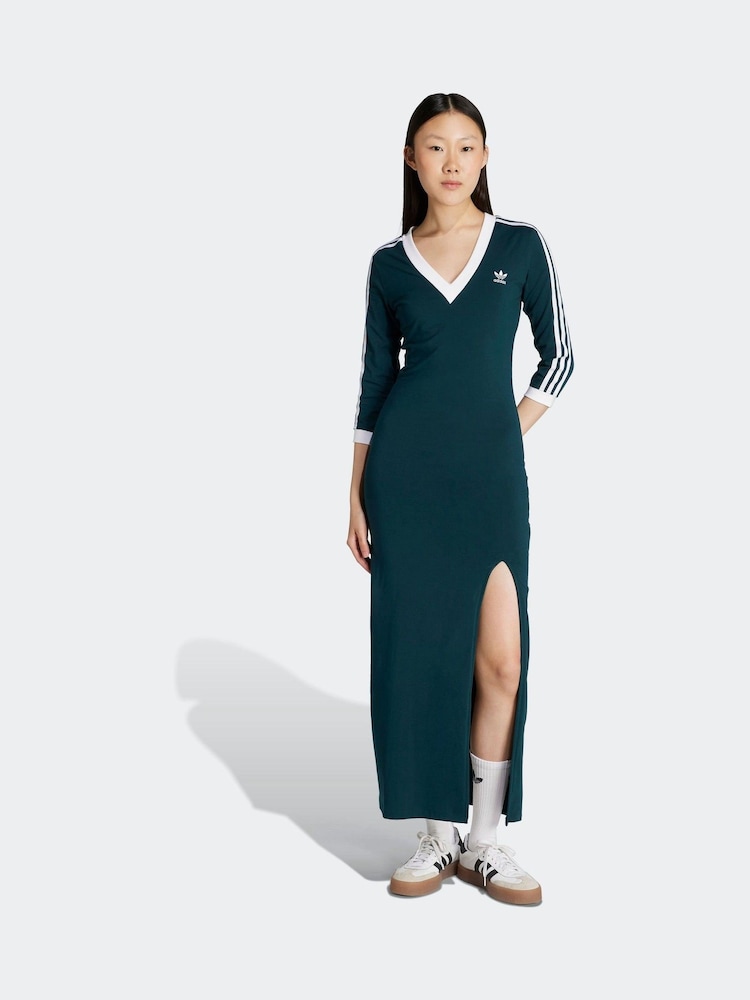 adidas Originals Green 3-Stripes V-Neck Midi Dress - Image 1 of 6