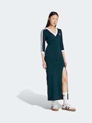 adidas Originals Green 3-Stripes V-Neck Midi Dress - Image 3 of 6