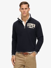 Superdry Blue Vintage Athletic Zip Henley 100% Cotton Jumper - Image 1 of 5