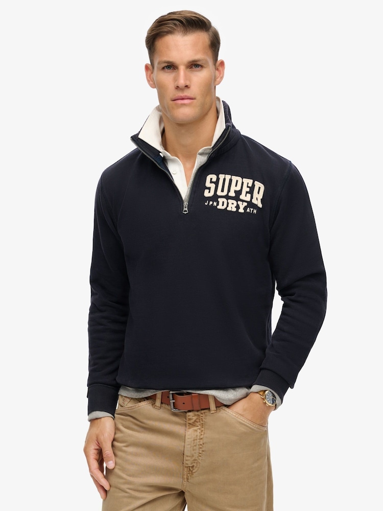 Superdry Blue Vintage Athletic Zip Henley 100% Cotton Jumper - Image 1 of 5