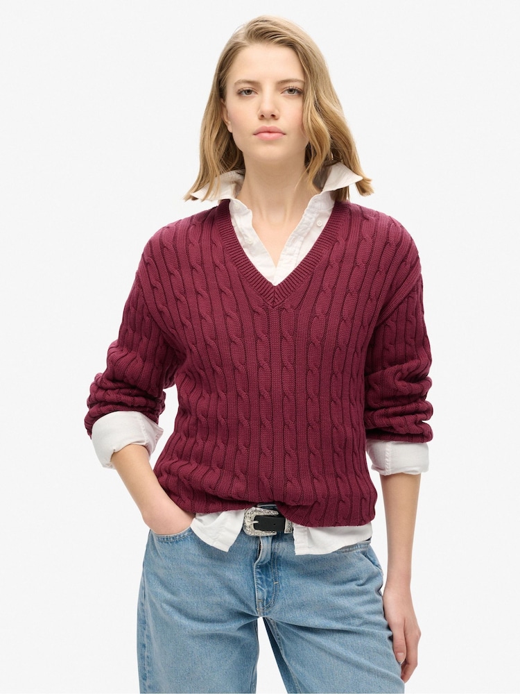 Superdry Red Oversized V-Neck Cable 100% Cotton Jumper - Image 1 of 4