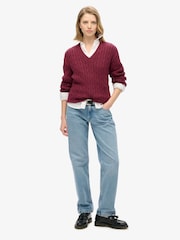 Superdry Red Oversized V-Neck Cable 100% Cotton Jumper - Image 3 of 4