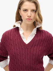 Superdry Red Oversized V-Neck Cable 100% Cotton Jumper - Image 4 of 4