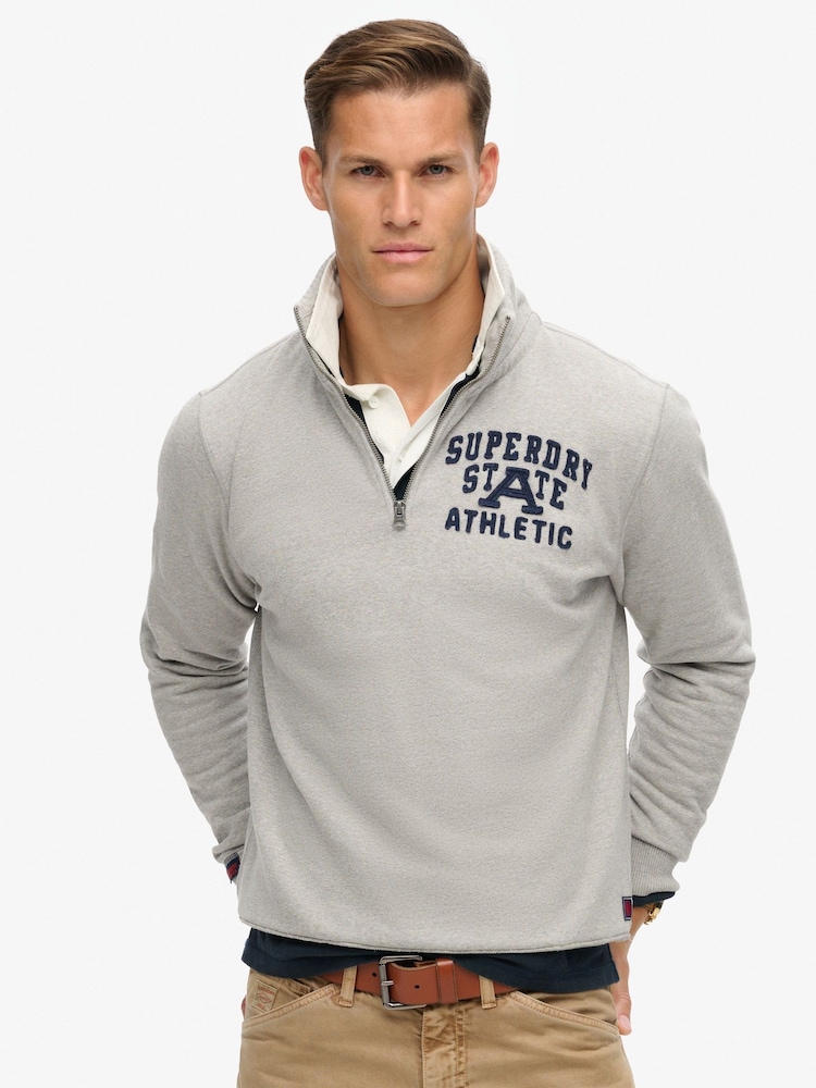 Superdry Grey Vintage Athletic Zip Henley 100% Cotton Jumper - Image 1 of 3