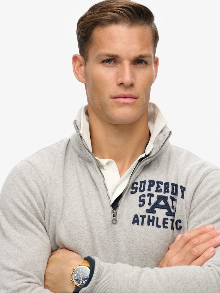 Superdry Grey Vintage Athletic Zip Henley 100% Cotton Jumper - Image 3 of 3