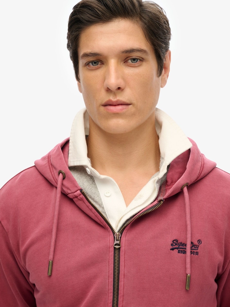 Superdry Burgundy Red Essential Logo Washed 100% Cotton Zip Hoodie - Image 3 of 3
