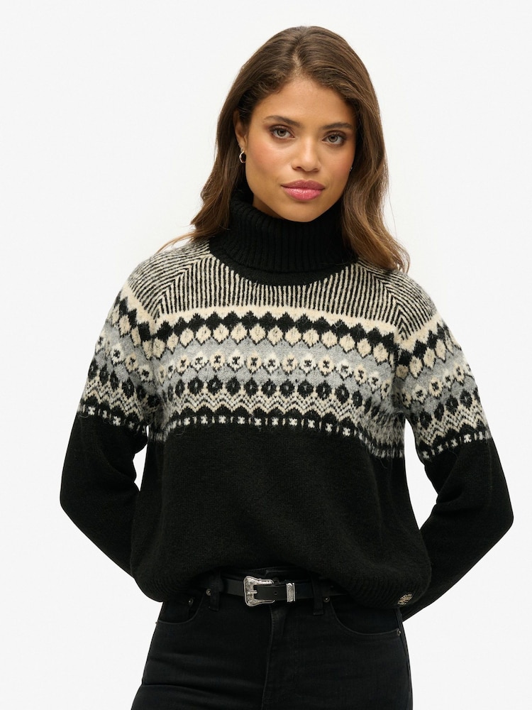 Superdry Black Fairisle Pattern Roll Neck Jumper - Image 1 of 2