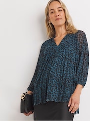 JD Williams Blue Print V-Neck Mesh Blouse - Image 1 of 4