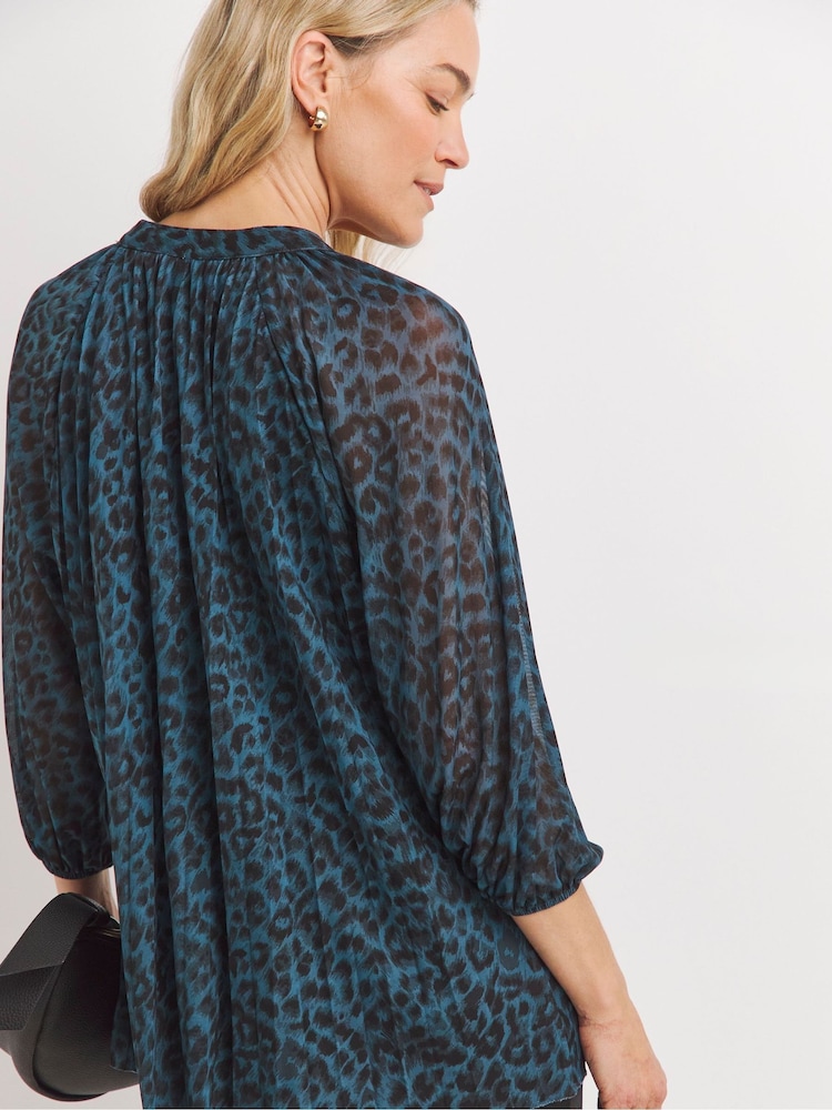 JD Williams Blue Print V-Neck Mesh Blouse - Image 2 of 4