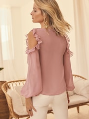 Friends Like These Pink Petite Long Sleeve Cold Shoulder Millie Mackintosh Ruffle Blouse - Image 4 of 4