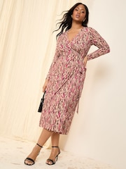 Friends Like These Brown Animal Curve Long Sleeve Wrap Midi Dress - Image 2 of 4