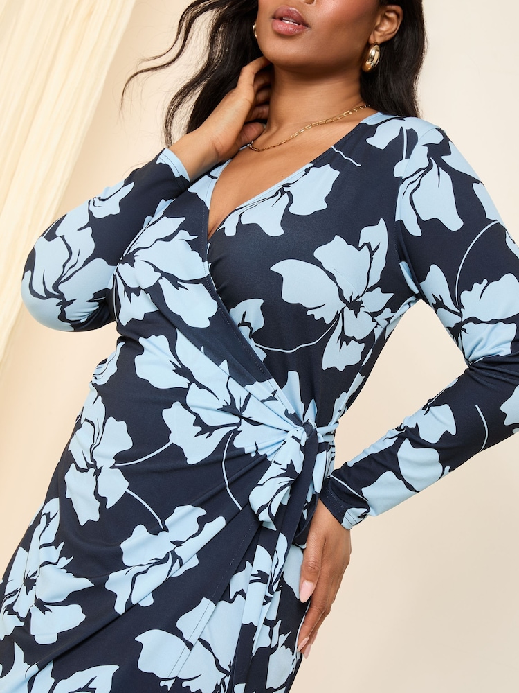 Friends Like These Blue Floral Curve Long Sleeve Wrap Midi Dress - Image 3 of 4