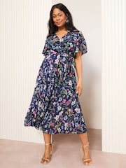 Friends Like These Navy Blue Floral Curve Short Sleeve Printed Pleated Midi Dress - Image 2 of 4