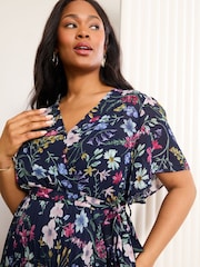 Friends Like These Navy Blue Floral Curve Short Sleeve Printed Pleated Midi Dress - Image 3 of 4