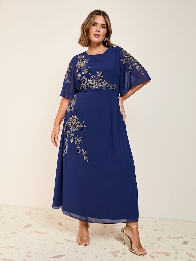Friends Like These Navy Chiffon Angel Sleeve Embellished Midi Dress - Image 3 of 4