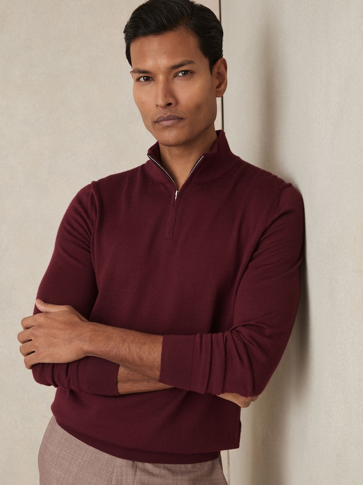 Reiss Claret Red Blackhall Merino Wool Half-Zip Funnel Neck Jumper - Image 1 of 6