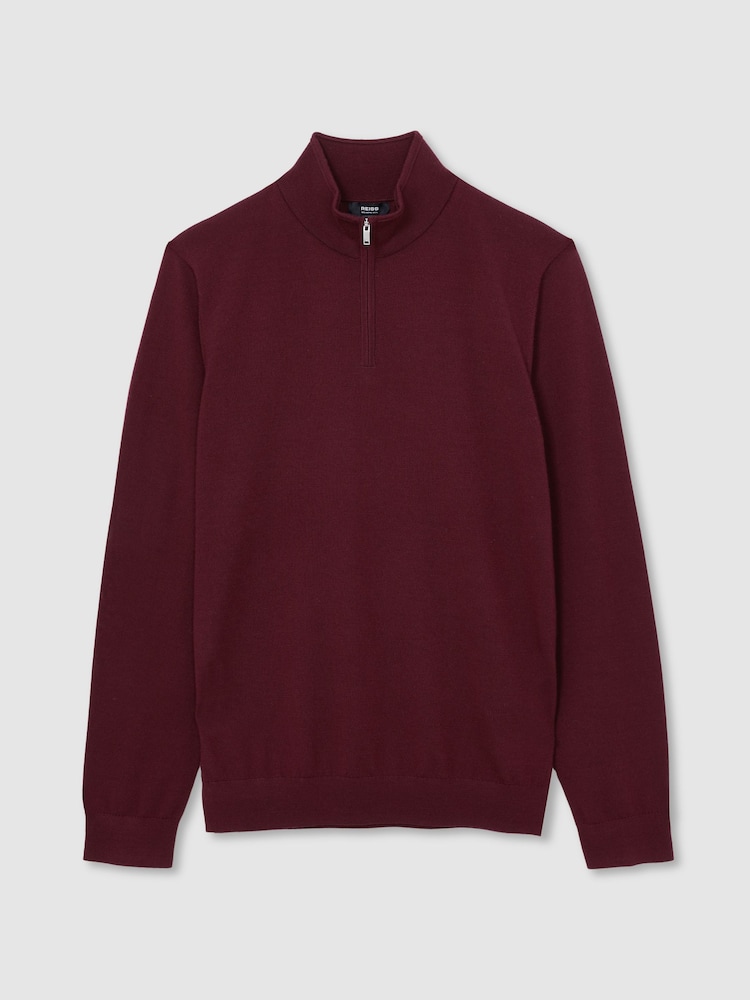 Reiss Claret Red Blackhall Merino Wool Half-Zip Funnel Neck Jumper - Image 2 of 6