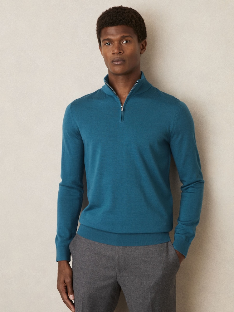 Dunkles Petrolblau - Reiss Blackhall Pullover aus Merinowolle mit Trichterhals und halbem Reißverschluss - Bild 1 von 6 Dunkles Petrolblau - Reiss Blackhall Pullover aus Merinowolle mit Trichterhals und halbem Reißverschluss - Bild 1 von 6