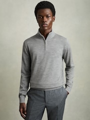 Reiss Warm Grey Melange Blackhall Merino Wool Half-Zip Funnel Neck Jumper - Image 1 of 6