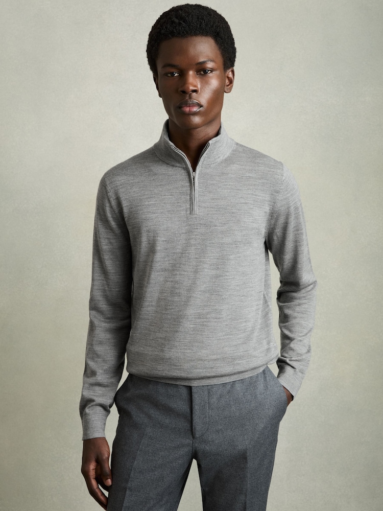 Reiss Warm Grey Melange Blackhall Merino Wool Half-Zip Funnel Neck Jumper - Image 1 of 6