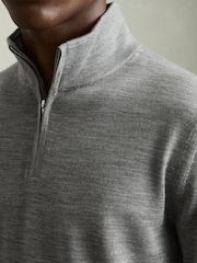 Reiss Warm Grey Melange Blackhall Merino Wool Half-Zip Funnel Neck Jumper - Image 3 of 6