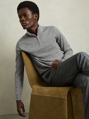 Reiss Warm Grey Melange Blackhall Merino Wool Half-Zip Funnel Neck Jumper - Image 5 of 6