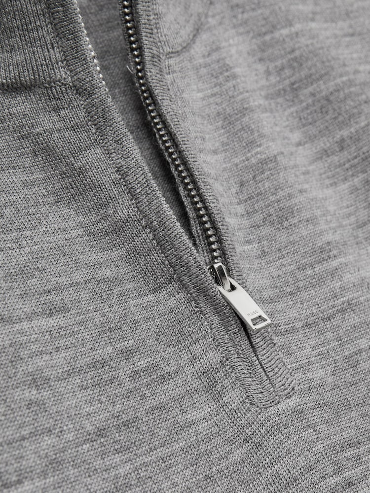 Reiss Warm Grey Melange Blackhall Merino Wool Half-Zip Funnel Neck Jumper - Image 6 of 6