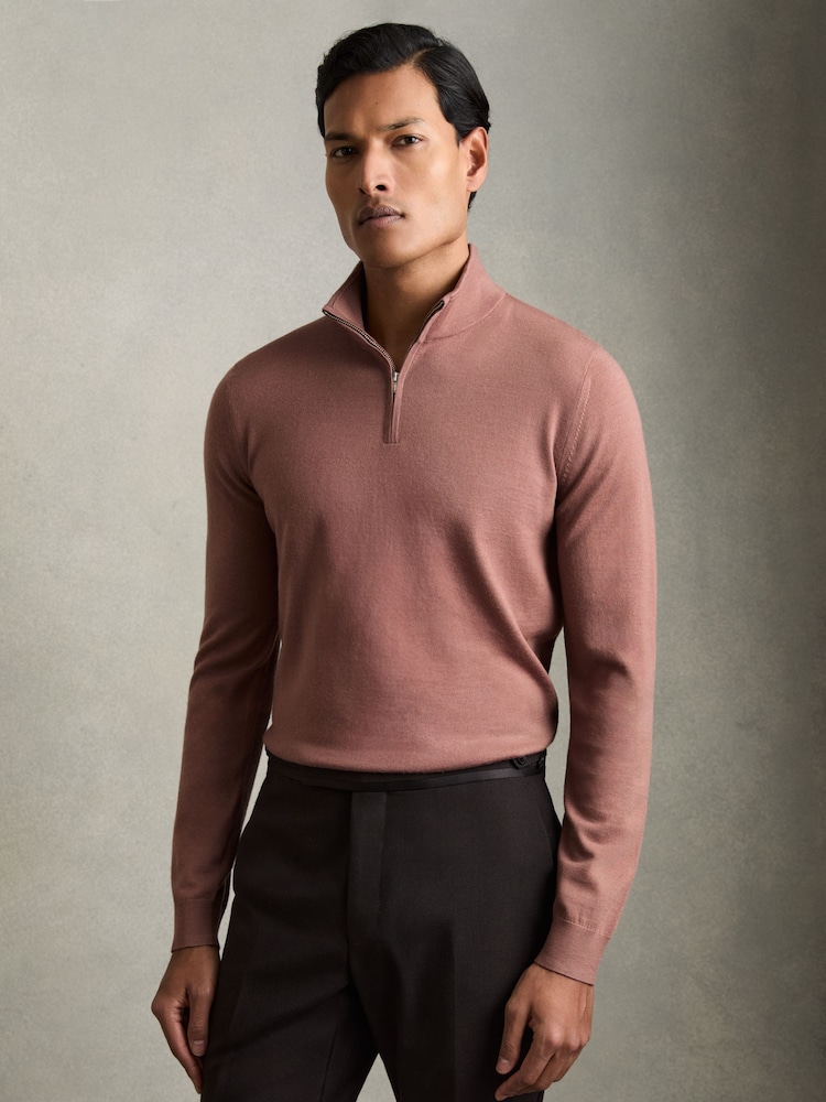 Reiss Dusty Blush Pink Blackhall Merino Wool Half-Zip Funnel Neck Jumper - Image 1 of 7
