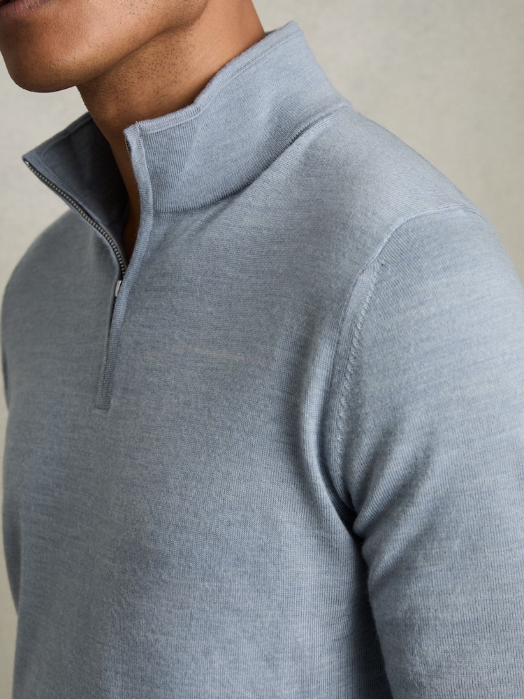 Reiss Soft Blue Melange Blackhall Merino Wool Half-Zip Funnel Neck Jumper - Image 4 of 8