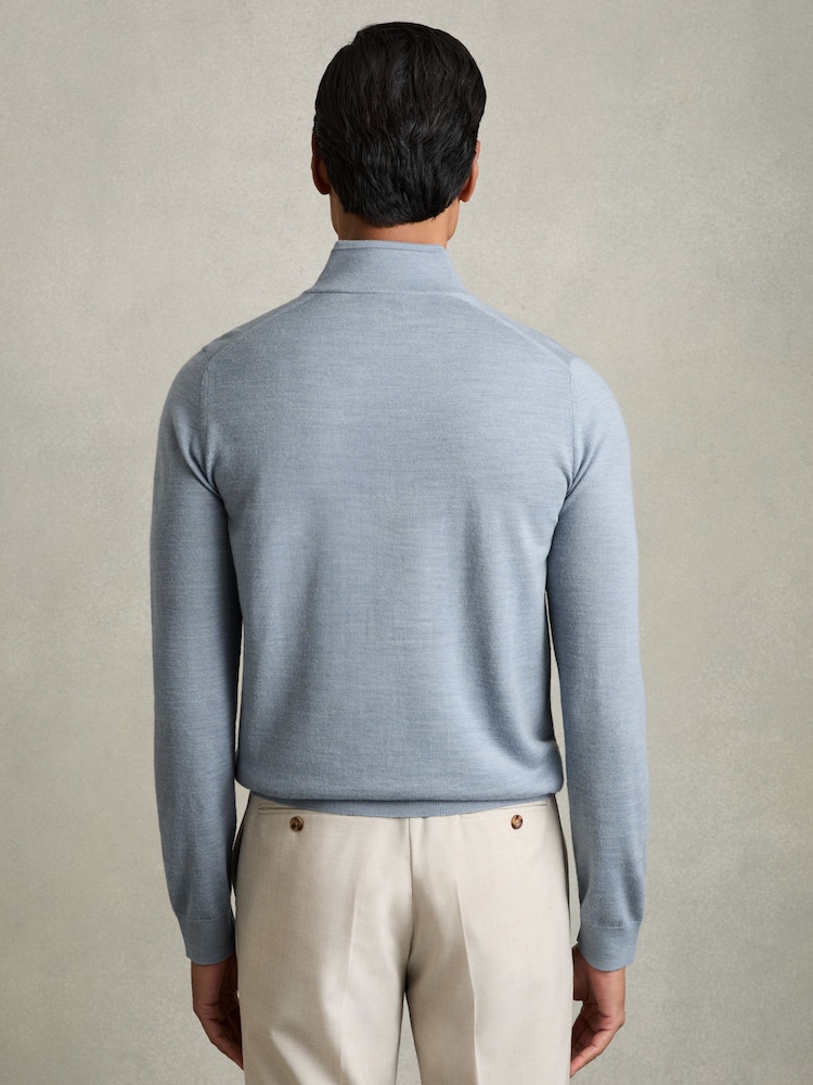 Reiss Soft Blue Melange Blackhall Merino Wool Half-Zip Funnel Neck Jumper - Image 6 of 8