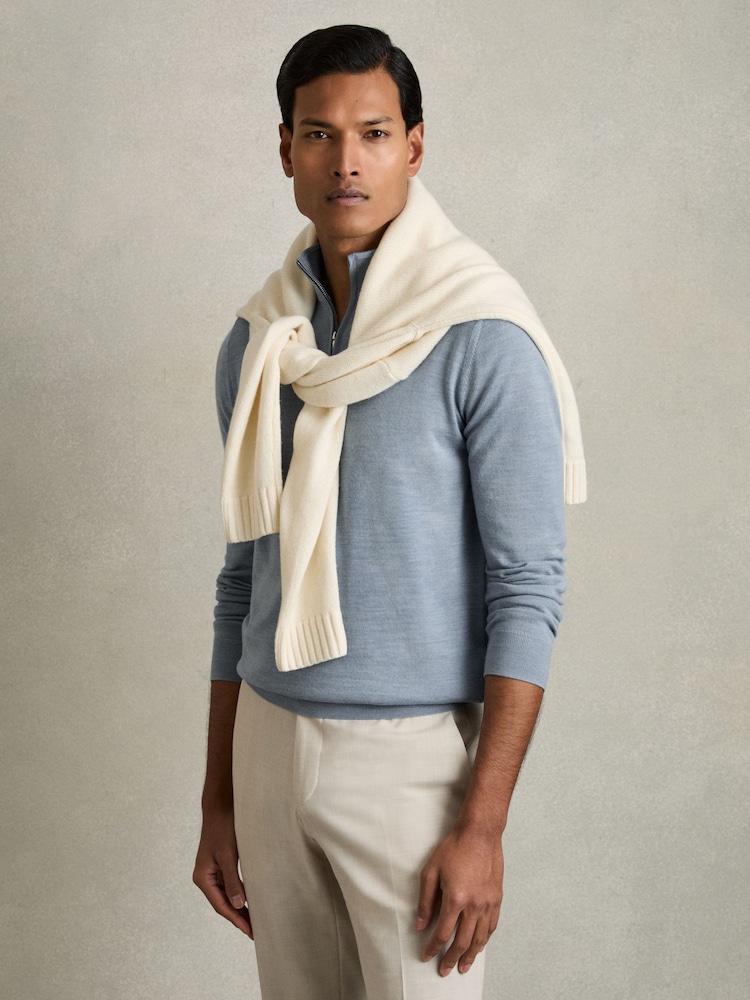 Reiss Soft Blue Melange Blackhall Merino Wool Half-Zip Funnel Neck Jumper - Image 7 of 8