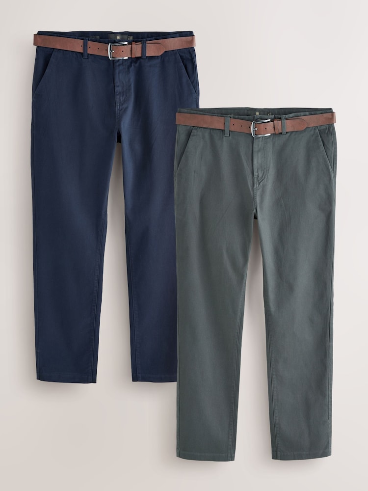 Navy Blue/Grey Charcoal Slim Fit Belted Soft Touch Chino Trousers 2 Pack - Image 1 of 6 Navy Blue/Grey Charcoal Slim Fit Belted Soft Touch Chino Trousers 2 Pack - Image 1 of 6