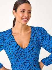 Roman Blue Abstract V-Neck Short Dress - Image 4 of 5