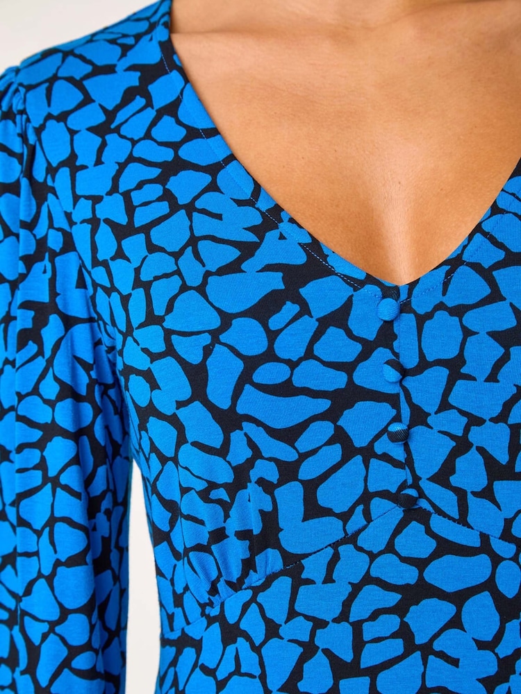 Roman Blue Abstract V-Neck Short Dress - Image 5 of 5