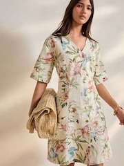 Floral Printed V-Neck 100% Cotton Denim Dress - Image 1 of 7