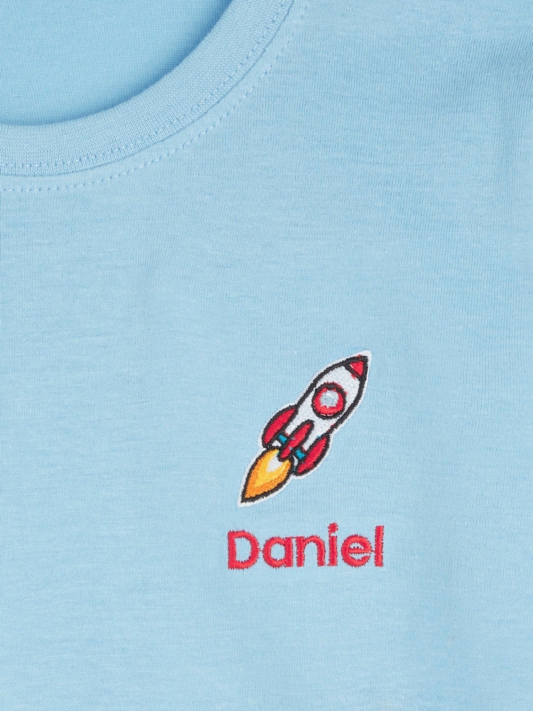 Personalised Boys Blue Embroidered Rocket 100% Cotton T-Shirt by Dollymix - Image 3 of 4