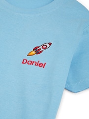 Personalised Boys Blue Embroidered Rocket 100% Cotton T-Shirt by Dollymix - Image 4 of 4
