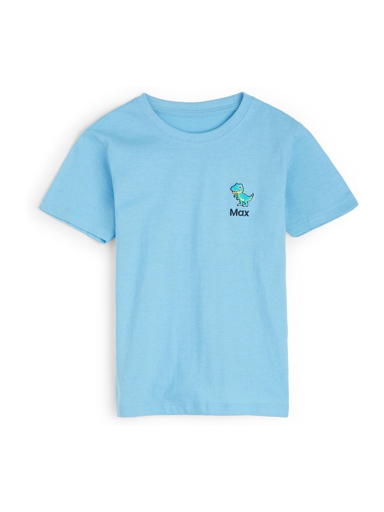 Personalised Boys Blue Embroidered Dinosaur 100% Cotton T-Shirt by Dollymix - Image 1 of 4