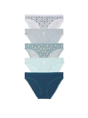 Victoria's Secret Blue/White Bikini 5 Pack Cotton Lace Trim Knickers - Image 1 of 2