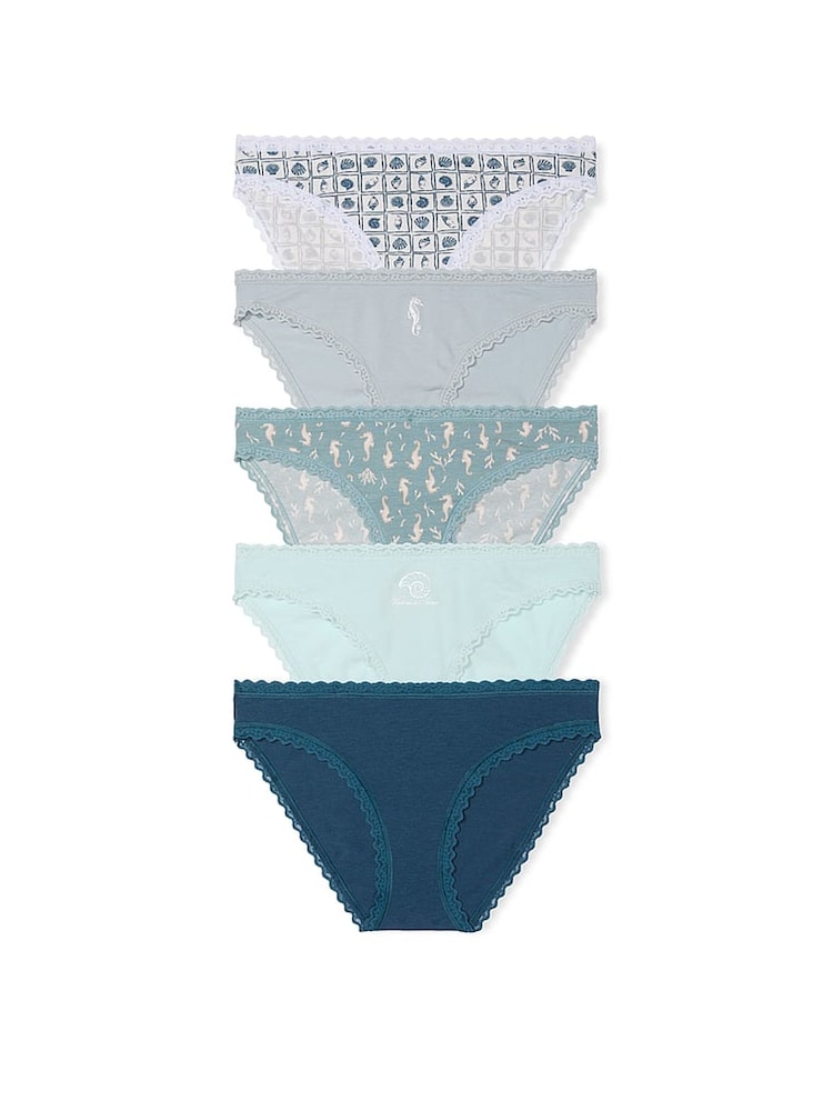 Victoria's Secret Blue/White Bikini 5 Pack Cotton Lace Trim Knickers - Image 1 of 2