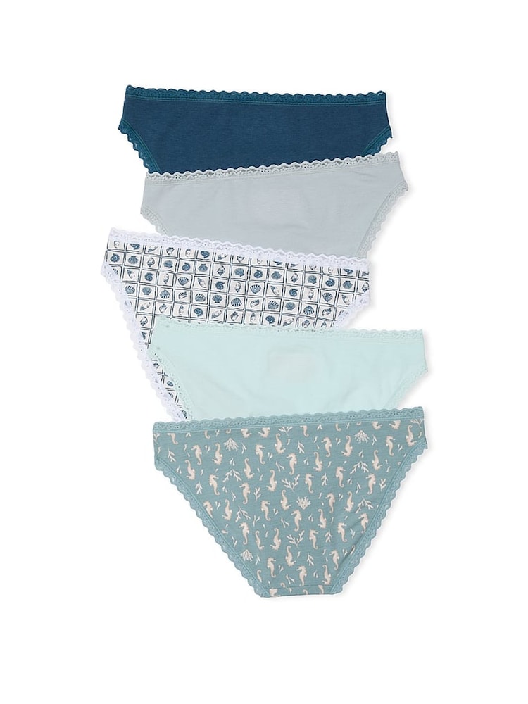 Victoria's Secret Blue/White Bikini 5 Pack Cotton Lace Trim Knickers - Image 2 of 2