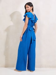 Lipsy Blue V-Neck Ruffle Detail Short Sleeve Jumpsuit - Image 2 of 4