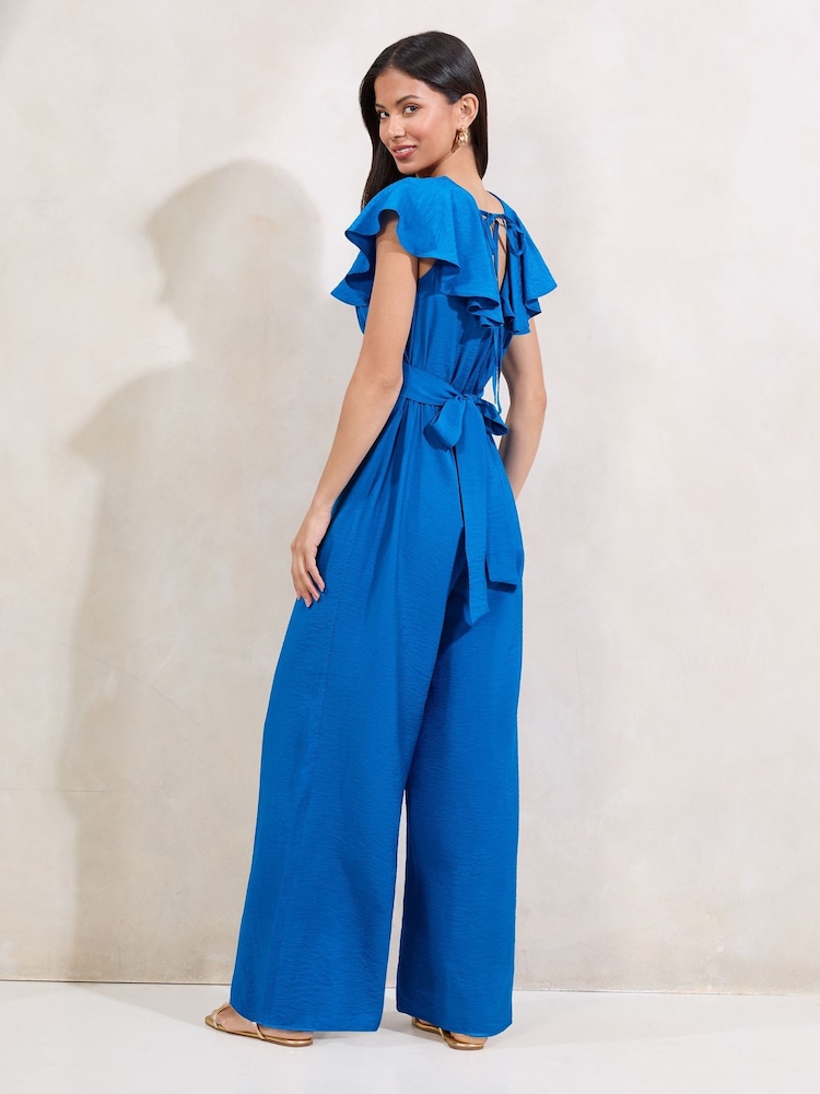 Lipsy Blue V-Neck Ruffle Detail Short Sleeve Jumpsuit - Image 2 of 4