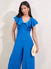 Lipsy Blue V-Neck Ruffle Detail Short Sleeve Jumpsuit - Image 3 of 4