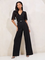 Lipsy Black Pleated Sleeve V-Neck Jumpsuit with Belt - Image 1 of 4