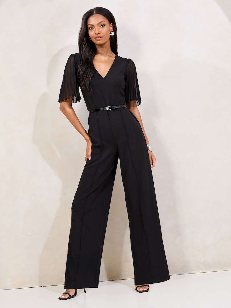 Lipsy Black Pleated Sleeve V-Neck Jumpsuit with Belt - Image 1 of 4