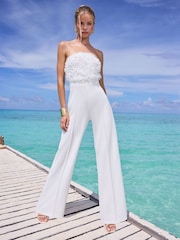 Lipsy White 3D Floral Bandeau Wide Leg Jumpsuit - Image 1 of 5