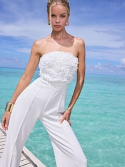 Lipsy White 3D Floral Bandeau Wide Leg Jumpsuit - Image 3 of 5