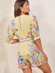 Lipsy Buttermilk Yellow Floral Printed Belted Puff Sleeve Playsuit - Image 4 of 4